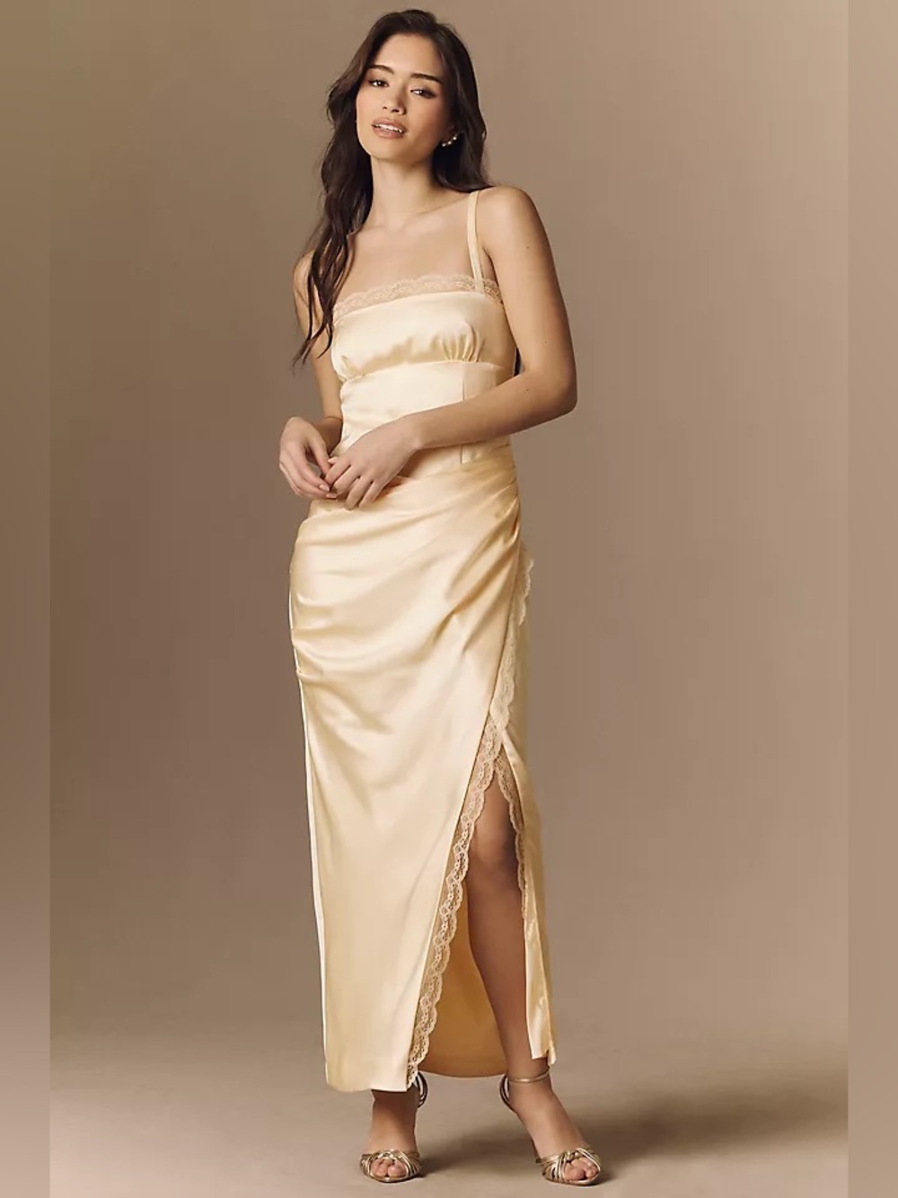 BHLDN Satin & Lace Maxi Dress Yellow Buttercream Large